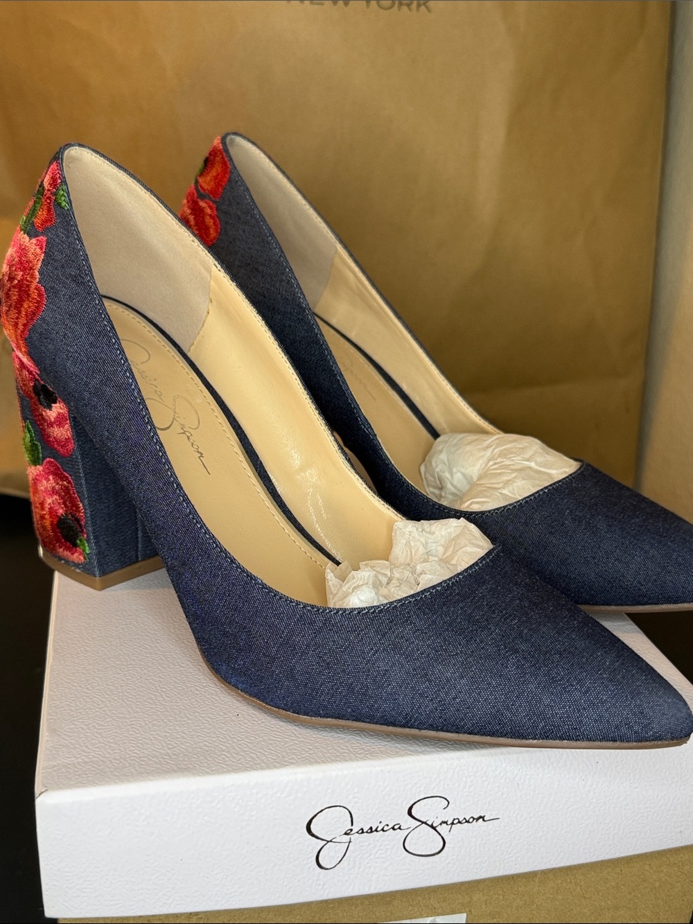 Jessica Simpson Navy Denim Pointed Pumps with Embroidered Floral Block Heel